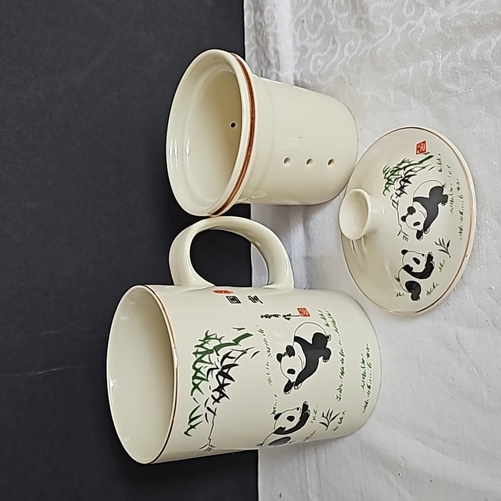 World Market Tea Mug 3 Piece Panda Bear Infuser Lidded Cup - Picture 2 of 4